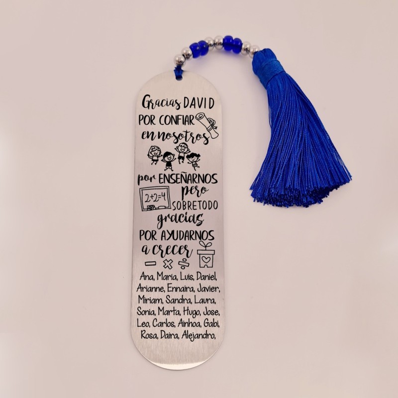 Marca páginas BIMBA, modelo 12, borla de algodón, cristal checo y acero inoxidable.