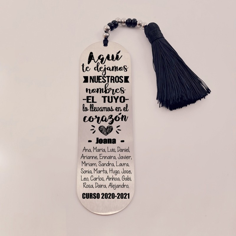 Marca páginas BIMBA, modelo 15, borla de algodón, cristal checo y acero inoxidable.