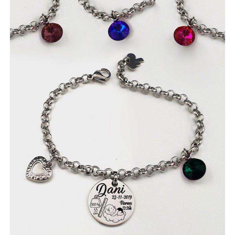 Pulsera ANDANA, natalicio niño, cadena redonda con adornos colgando, acero inoxidable, ajustable.