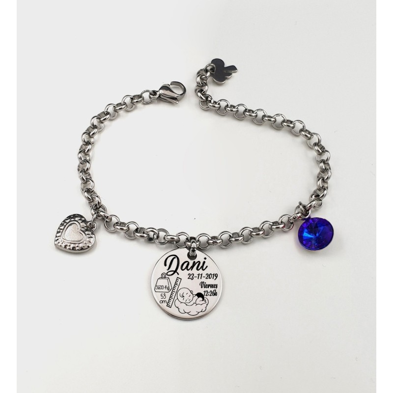 Pulsera ANDANA, natalicio niño, cadena redonda con adornos colgando, acero inoxidable, ajustable.