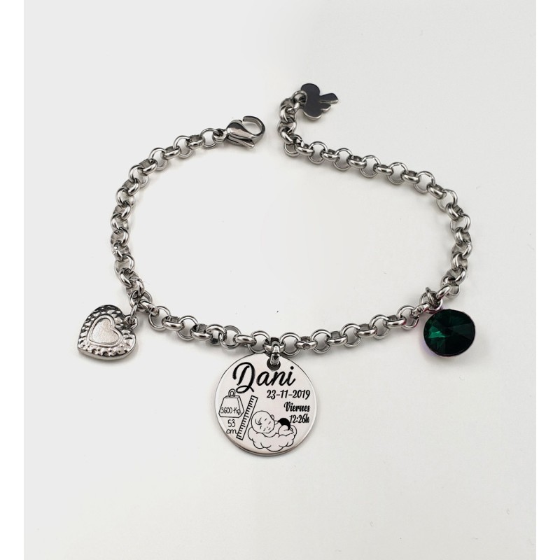 Pulsera ANDANA, natalicio niño, cadena redonda con adornos colgando, acero inoxidable, ajustable.
