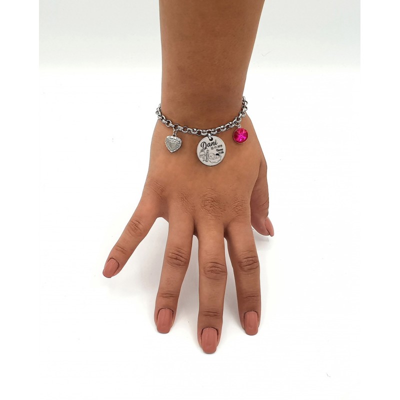 Pulsera ANDANA, natalicio niño, cadena redonda con adornos colgando, acero inoxidable, ajustable.