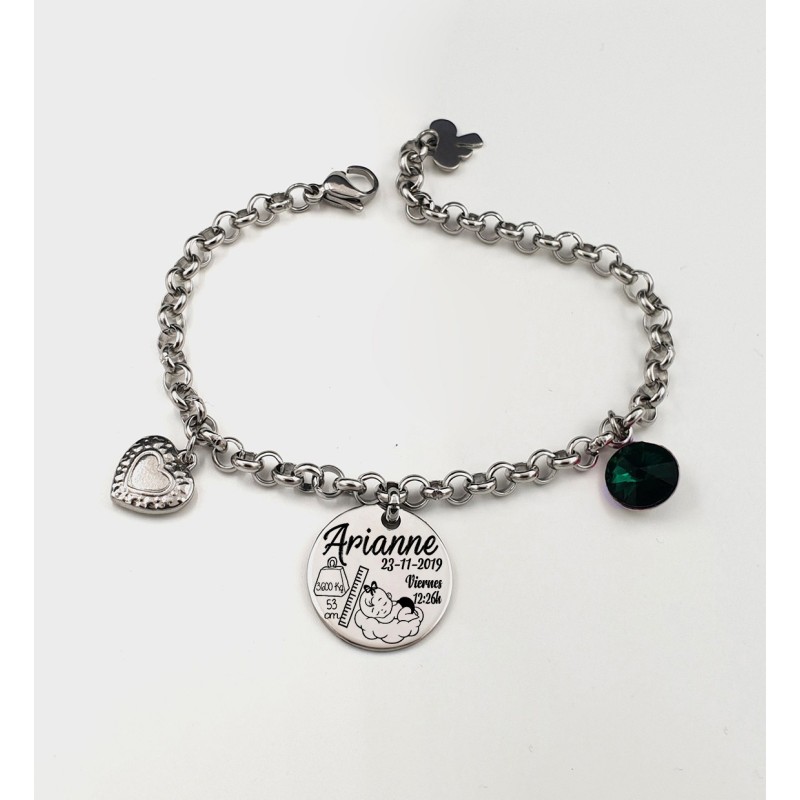 Pulsera ANDANA, natalicio niña, cadena redonda con adornos colgando, acero inoxidable, ajustable.