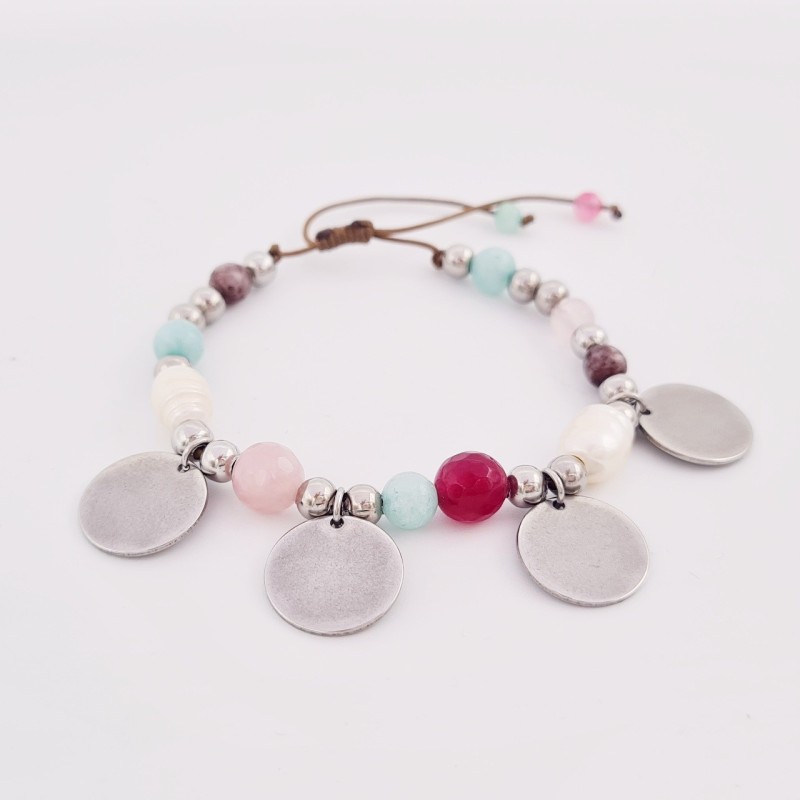 Pulsera AUREA, ágatas, perlas barrocas, acero, ajustable | Dcorazon