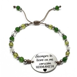 Pulsera AFRODITA, con frase (Siempre te llevo en mi corazón hermanita) ajustable.