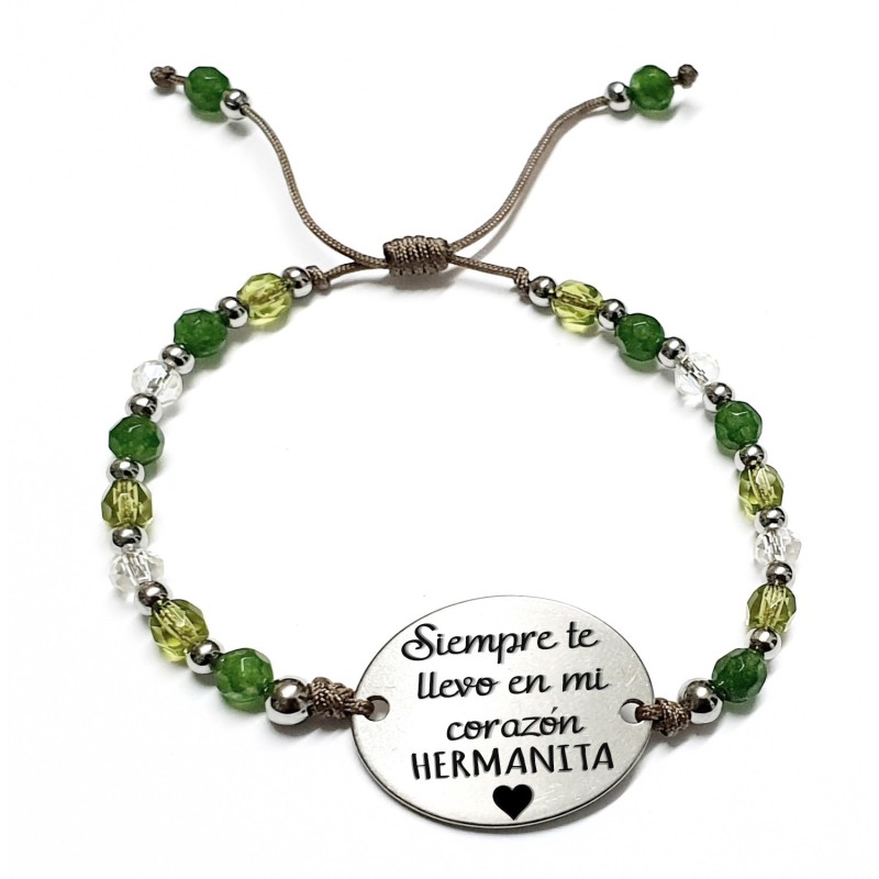 Pulsera AFRODITA, con frase (Siempre te llevo en mi corazón hermanita) ajustable.