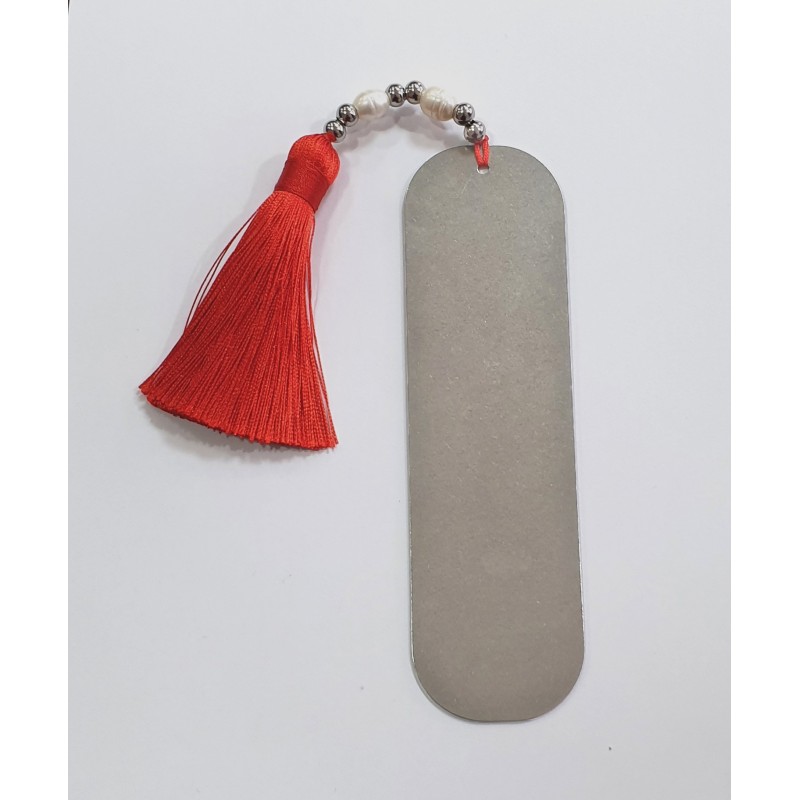 Marca páginas D'PERLAS, cuero nacional trenzado, acero inoxidable y cristal checo.