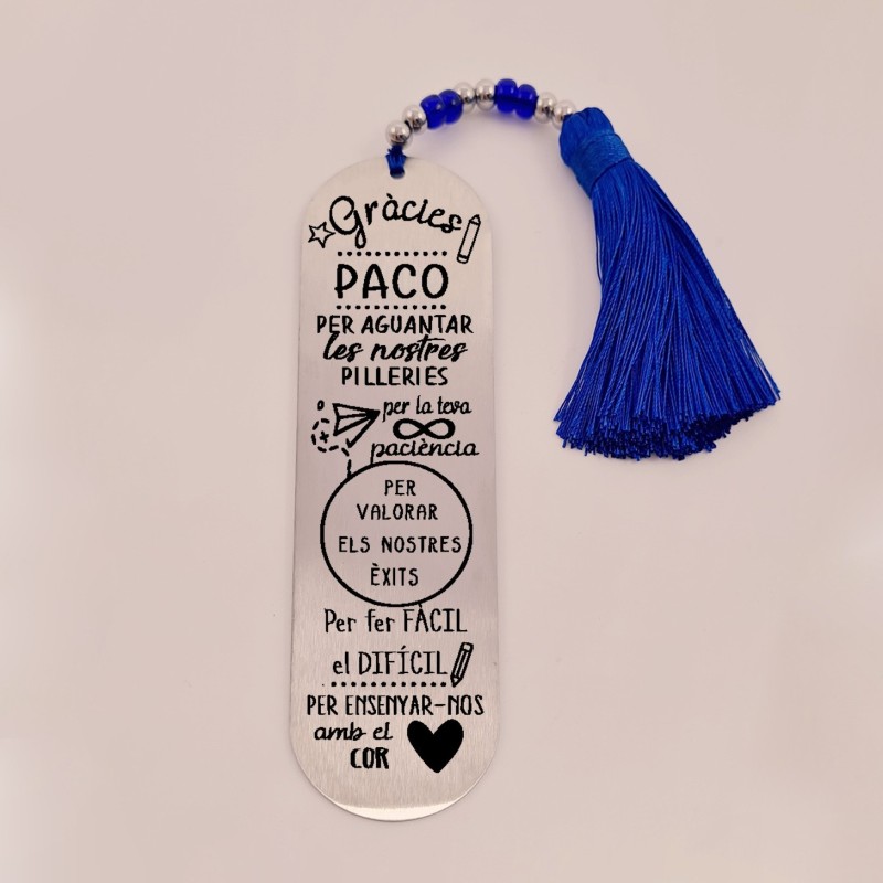 Marca páginas BIMBA, modelo 18, borla de algodón, cristal checo y acero inoxidable.