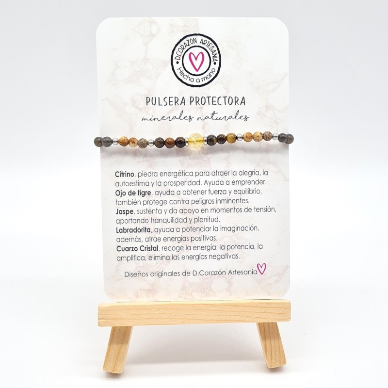 Pulsera protectora, combinación de piedras energéticas, ajustable para todas las tallas, acero inoxidable.