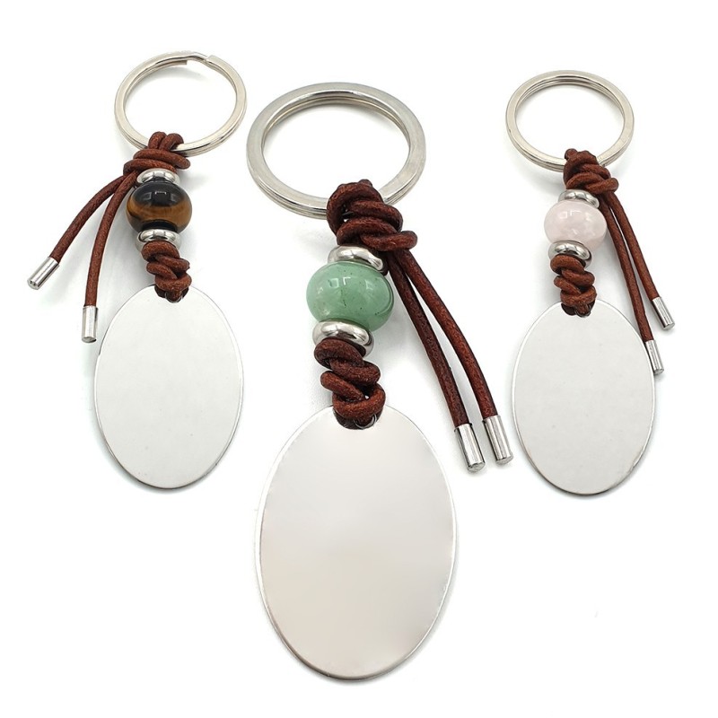 Llavero MINERAL, ojo de tigre, aventurina, cuarzo rosa, cuero y cordón, acero inoxidable.