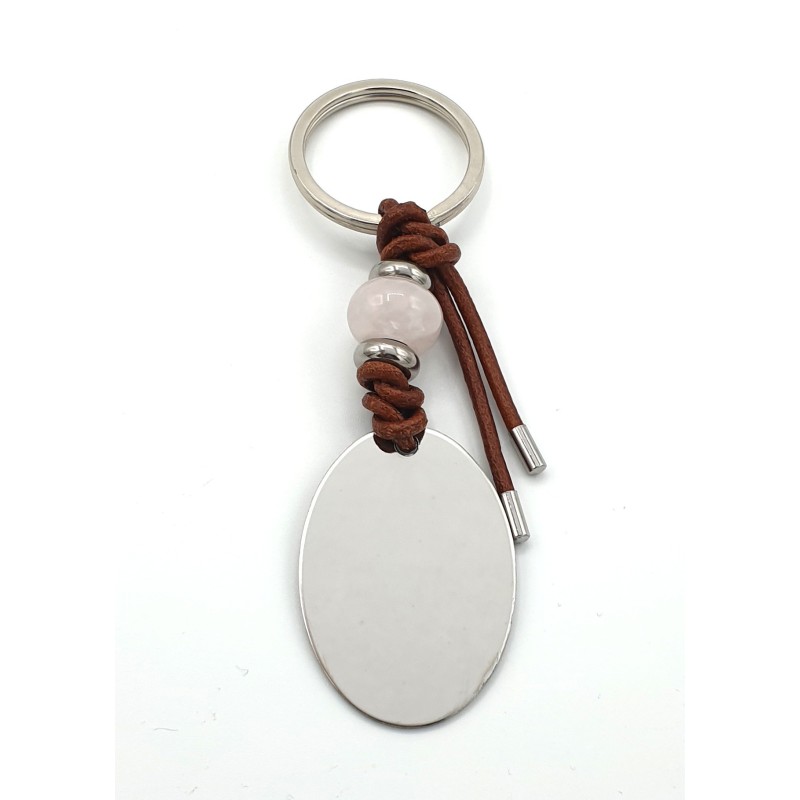 Llavero MINERAL, ojo de tigre, aventurina, cuarzo rosa, cuero y cordón, acero inoxidable.