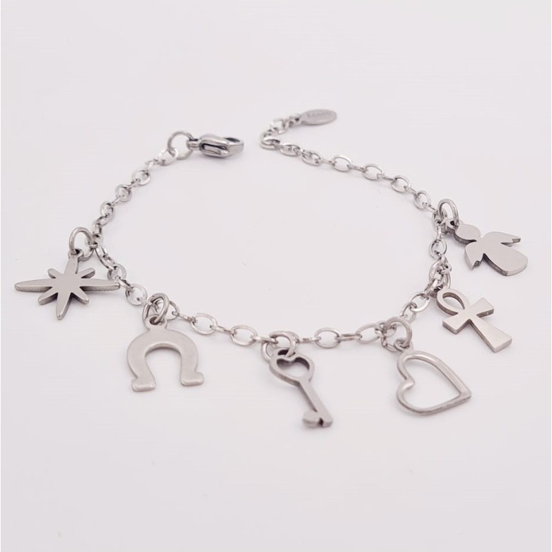 Pulsera AMULETOS, cadena y adornos de acero, ajustable | Dcorazon