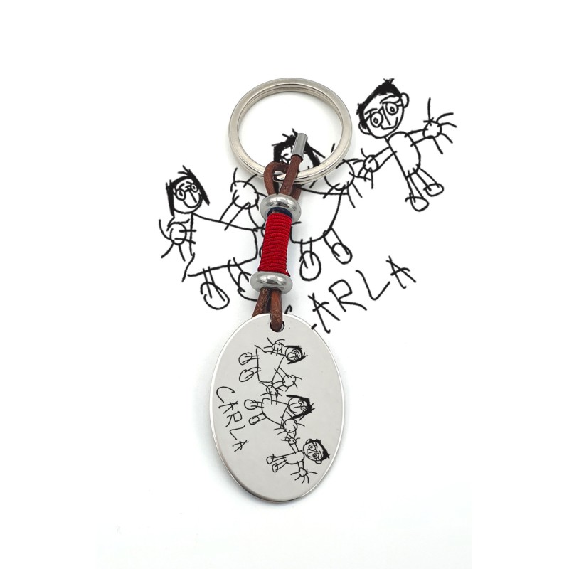 Llavero modelo KUKO, dibujo infantil, con toque de color, cuero y cordón, acero inoxidable.