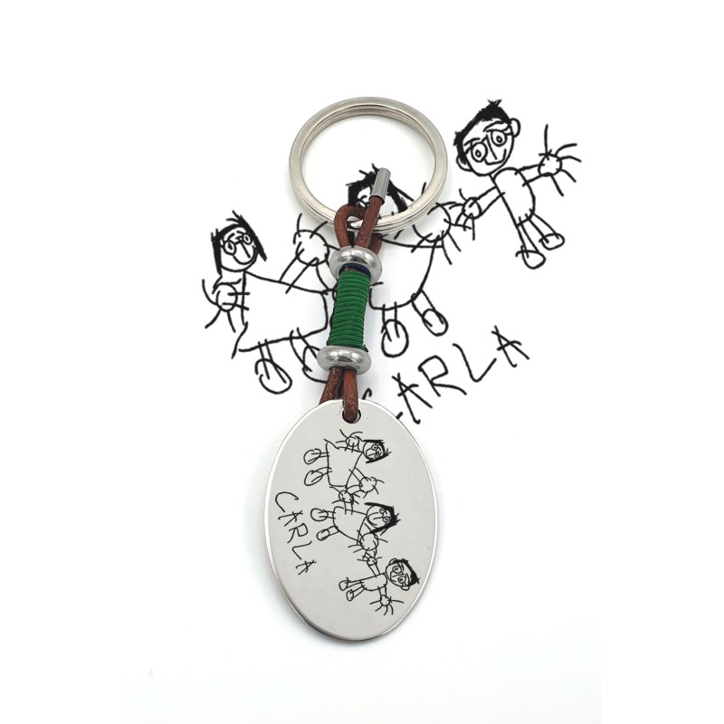 Llavero modelo KUKO, dibujo infantil, con toque de color, cuero y cordón, acero inoxidable.