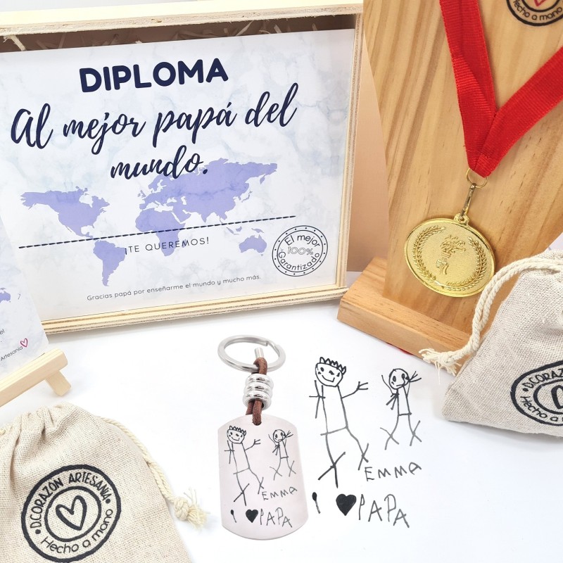 Kit regalo día del padre 2021 llavero con medalla y diploma | Dcorazon