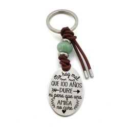 Llavero MINERAL, ojo de tigre, aventurina, cuarzo rosa, cuero y cordón, acero inoxidable.