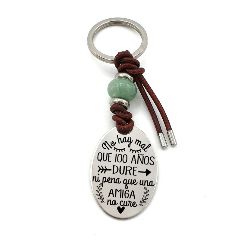 Llavero MINERAL, ojo de tigre, aventurina, cuarzo rosa, cuero y cordón, acero inoxidable.