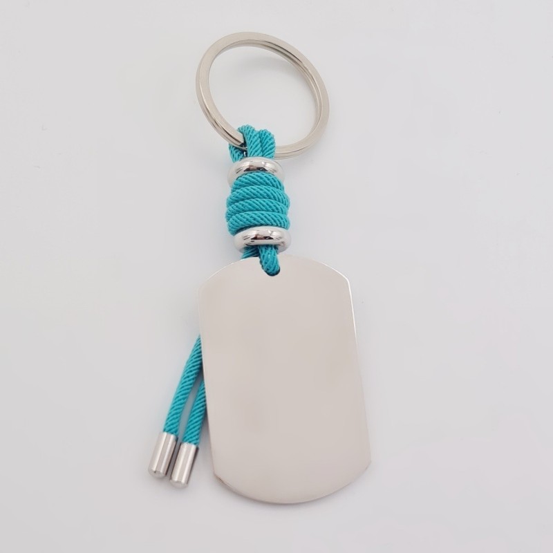 Llavero VENTURA, con toque de color, cuero y cordón, con un vidrio de color, acero inoxidable.