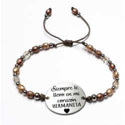 Pulsera AFRODITA, con frase (Siempre te llevo en mi corazón hermanita) ajustable.