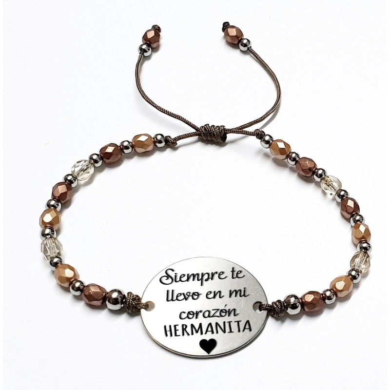 Pulsera AFRODITA, con frase (Siempre te llevo en mi corazón hermanita) ajustable.