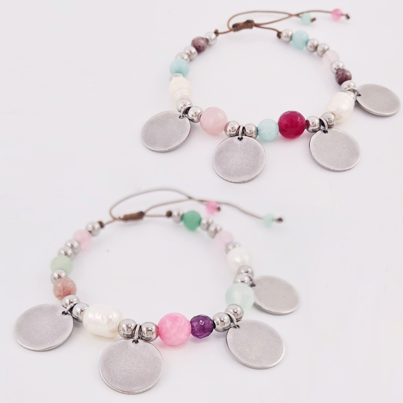 Pulsera AUREA, ágatas, perlas barrocas, acero, ajustable | Dcorazon