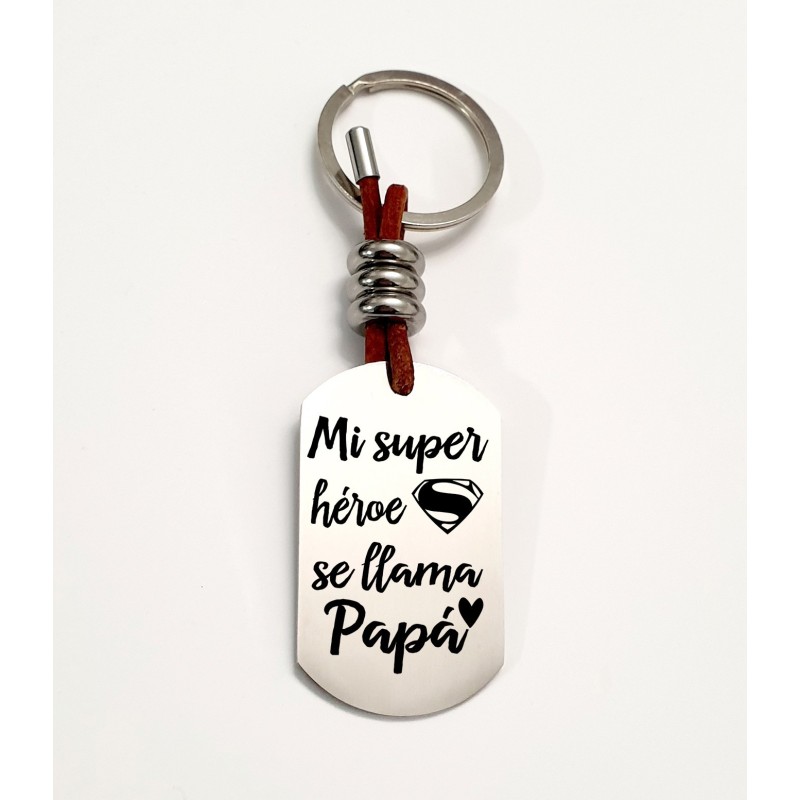 Llavero ADVENTURE, con frase (Mi super héroe se llama papá) acero inoxidable.