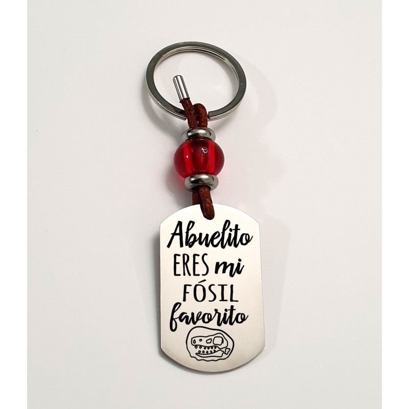 Llavero AMAPOLA, con frase (Abuelito eres mi fósil favorito) acero inoxidable.