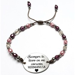 Pulsera AFRODITA, con frase (Siempre te llevo en mi corazón hermanita) ajustable.