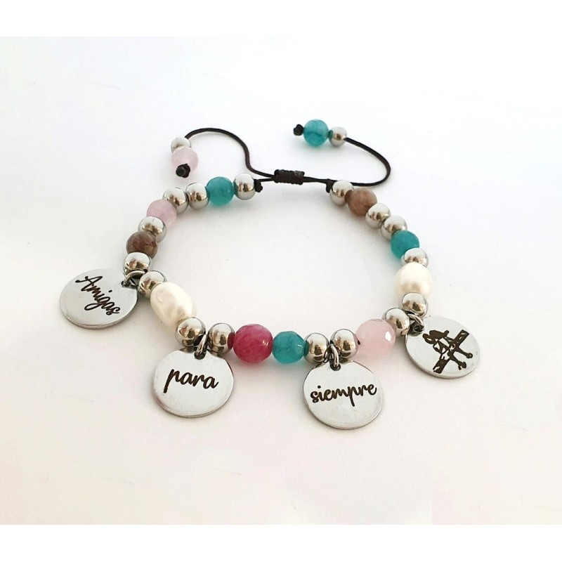Pulsera modelo AURORA, frase amigas para siempre, ágatas, perlas barrocas, material acero inoxidable, ajustable.