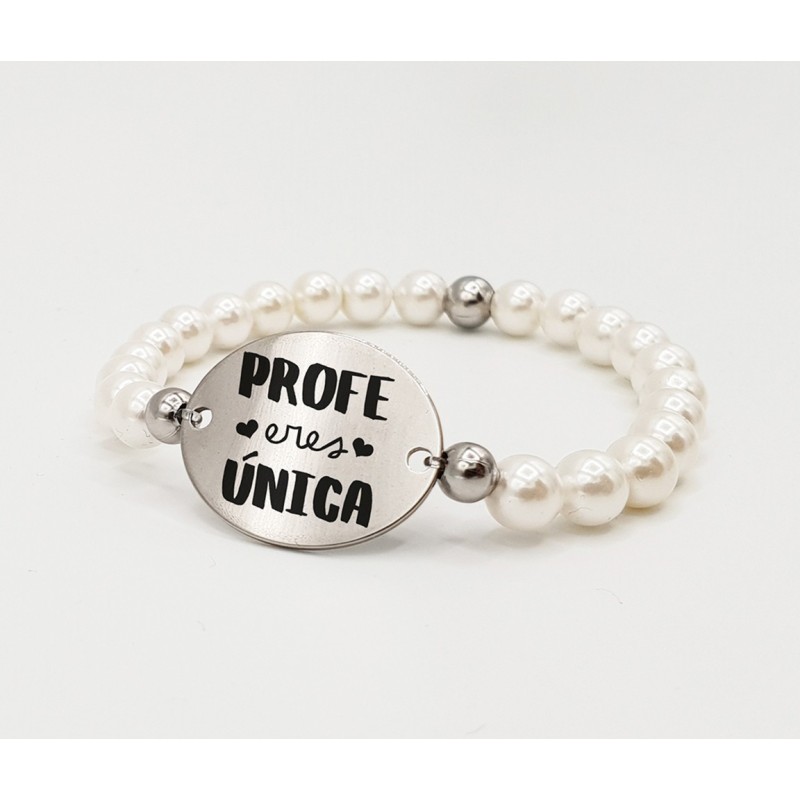 Pulsera ORIGEN, con frase (Profe eres única) elástica.