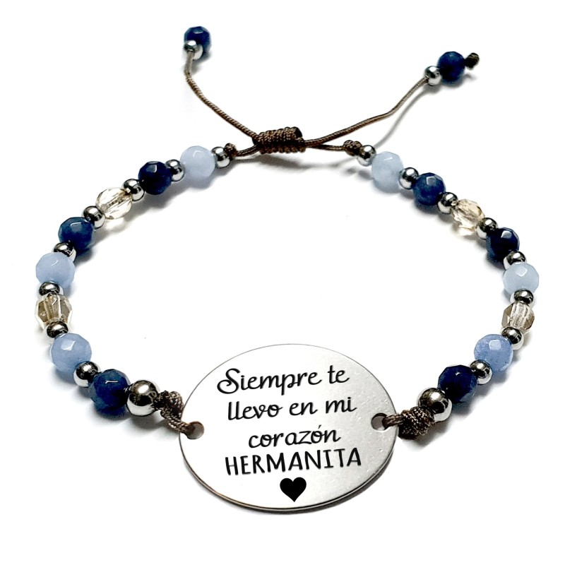 Pulsera AFRODITA, con frase (Siempre te llevo en mi corazón hermanita) ajustable.