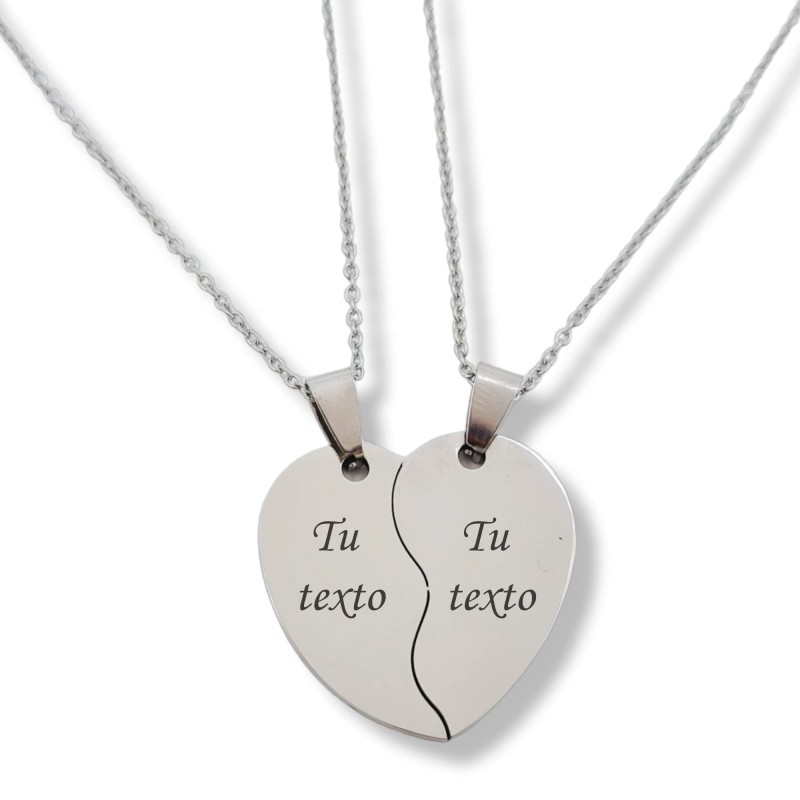 Collar corazón partido, para San Valentín, de acero inoxidable, modelo AMORE, elegante con una cadena fina.