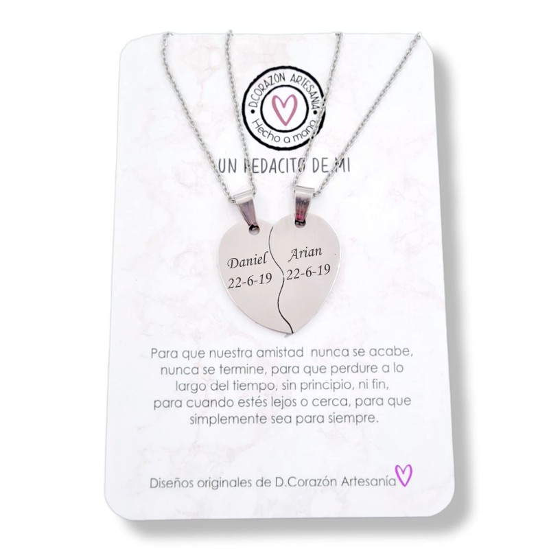 Collar corazón partido, para San Valentín, de acero inoxidable, modelo AMORE, elegante con una cadena fina.