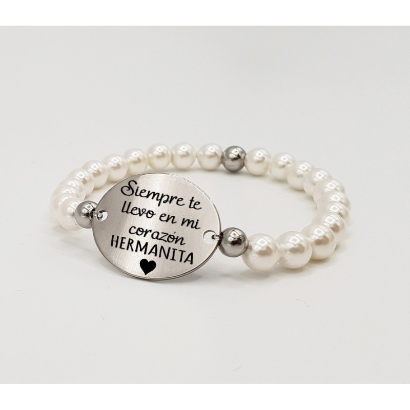 Pulsera ORIGEN, con frase (Siempre te llevo en mi corazón hermanita) elástica.