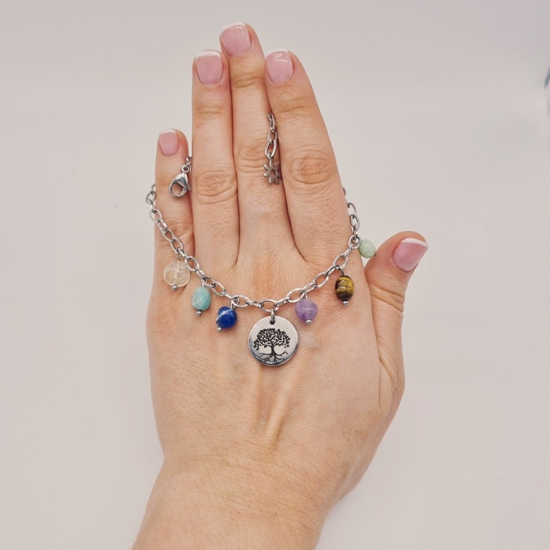 Pulsera modelo FAMILIA, pulsera protectora, montada en acero y minerales.