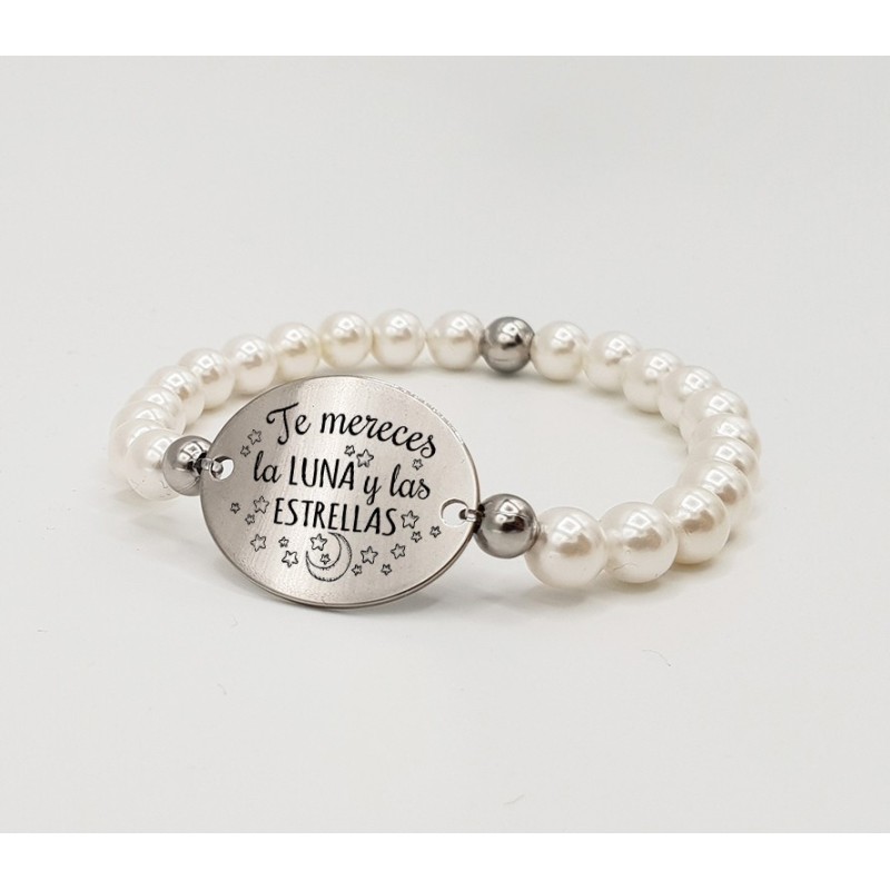 Pulsera ORIGEN, con frase (Te mereces la luna y las estrellas) elástica.