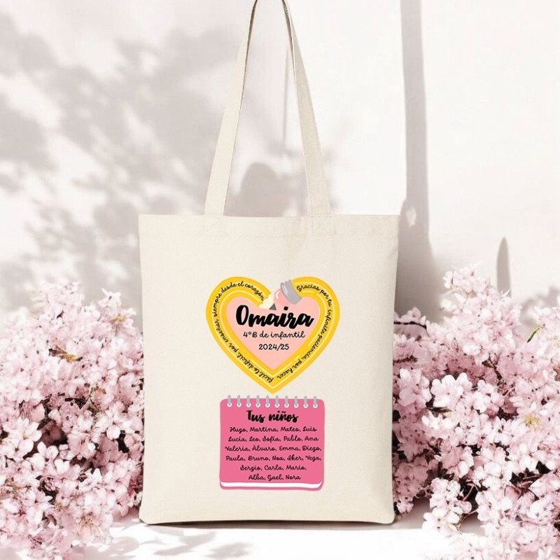 Bolsa personalizada profe con corazón y nombres | Dcorazón